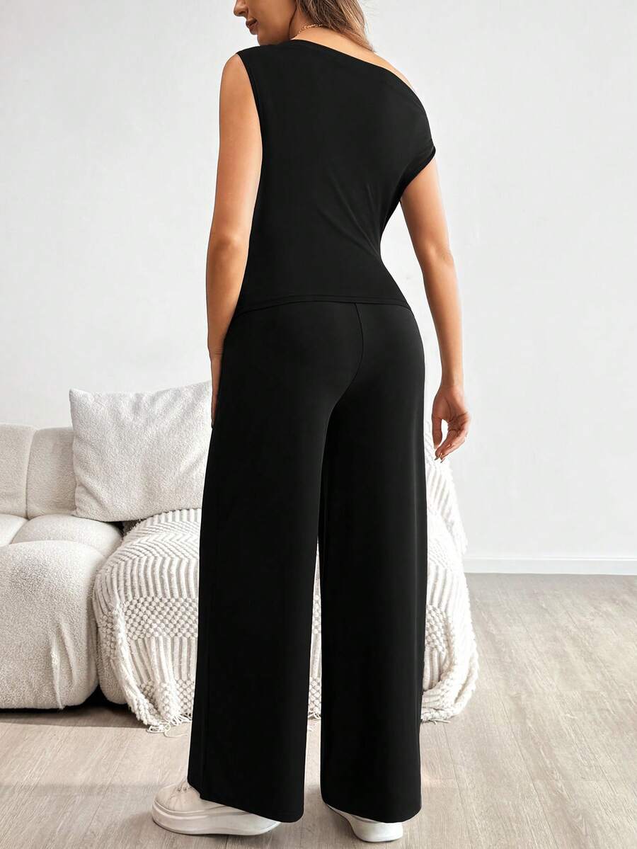 2-Piece Maternity Off-Shoulder Asymmetrical Top and Wide Leg Pants Set - Adjustable Waist Black Long Sleeve Casual Lounge Set
