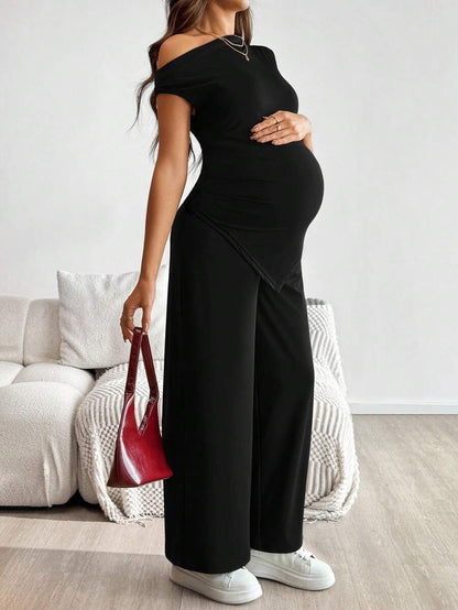 2-Piece Maternity Off-Shoulder Asymmetrical Top and Wide Leg Pants Set - Adjustable Waist Black Long Sleeve Casual Lounge Set