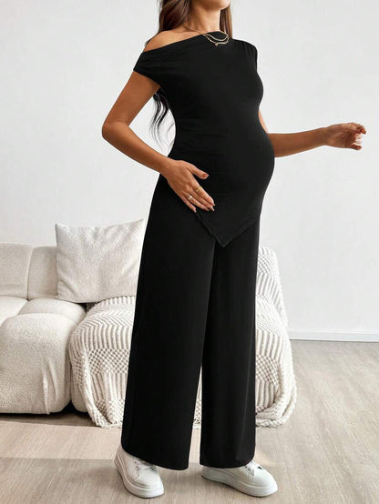 2-Piece Maternity Off-Shoulder Asymmetrical Top and Wide Leg Pants Set - Adjustable Waist Black Long Sleeve Casual Lounge Set