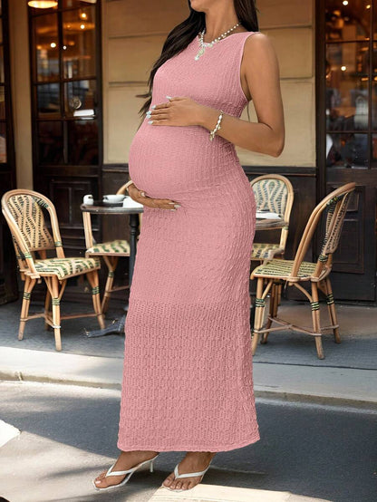 Solid Color Round Neck Ruffle Sleeveless Slim Fit Maternity Dress, Summer Maternity White Dress Maternity Maxi Dress Pregnancy Photoshoot Dress Knit Maxi Dress