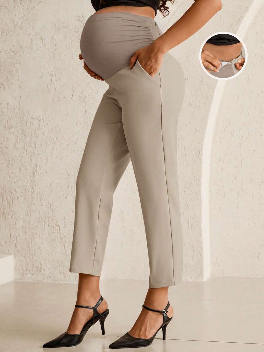 Maternity Tailored Office Pants - Adjustable Waist, Belly Support, Cropped, Khaki