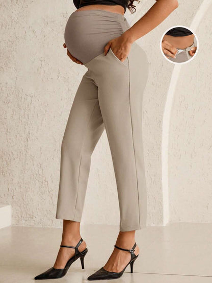 Maternity Tailored Office Pants - Adjustable Waist, Belly Support, Cropped, Khaki