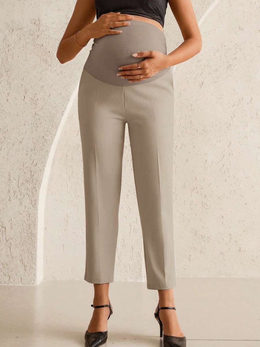 Maternity Tailored Office Pants - Adjustable Waist, Belly Support, Cropped, Khaki
