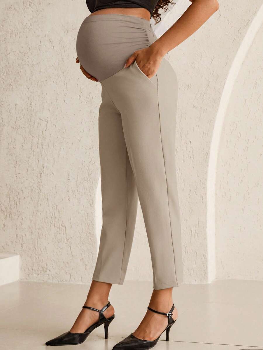 Maternity Tailored Office Pants - Adjustable Waist, Belly Support, Cropped, Khaki