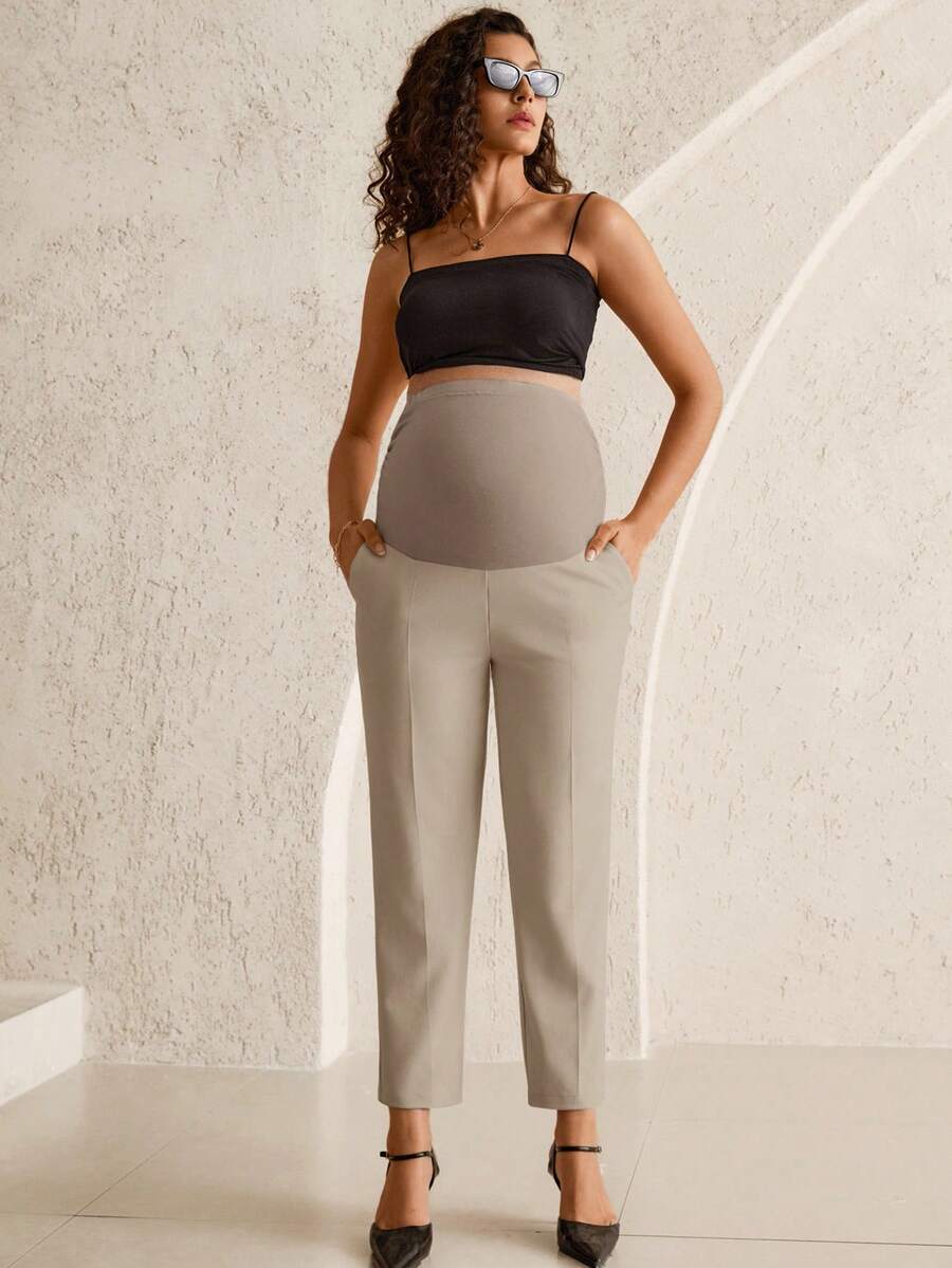 Maternity Tailored Office Pants - Adjustable Waist, Belly Support, Cropped, Khaki