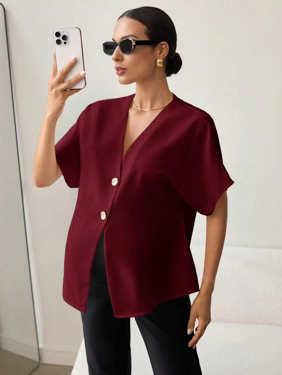 Khaki Color-Blocked Maternity Work Top with Metallic Buttons Elegant V-Neck Batwing Sleeve Commuting and Night Out Blouse