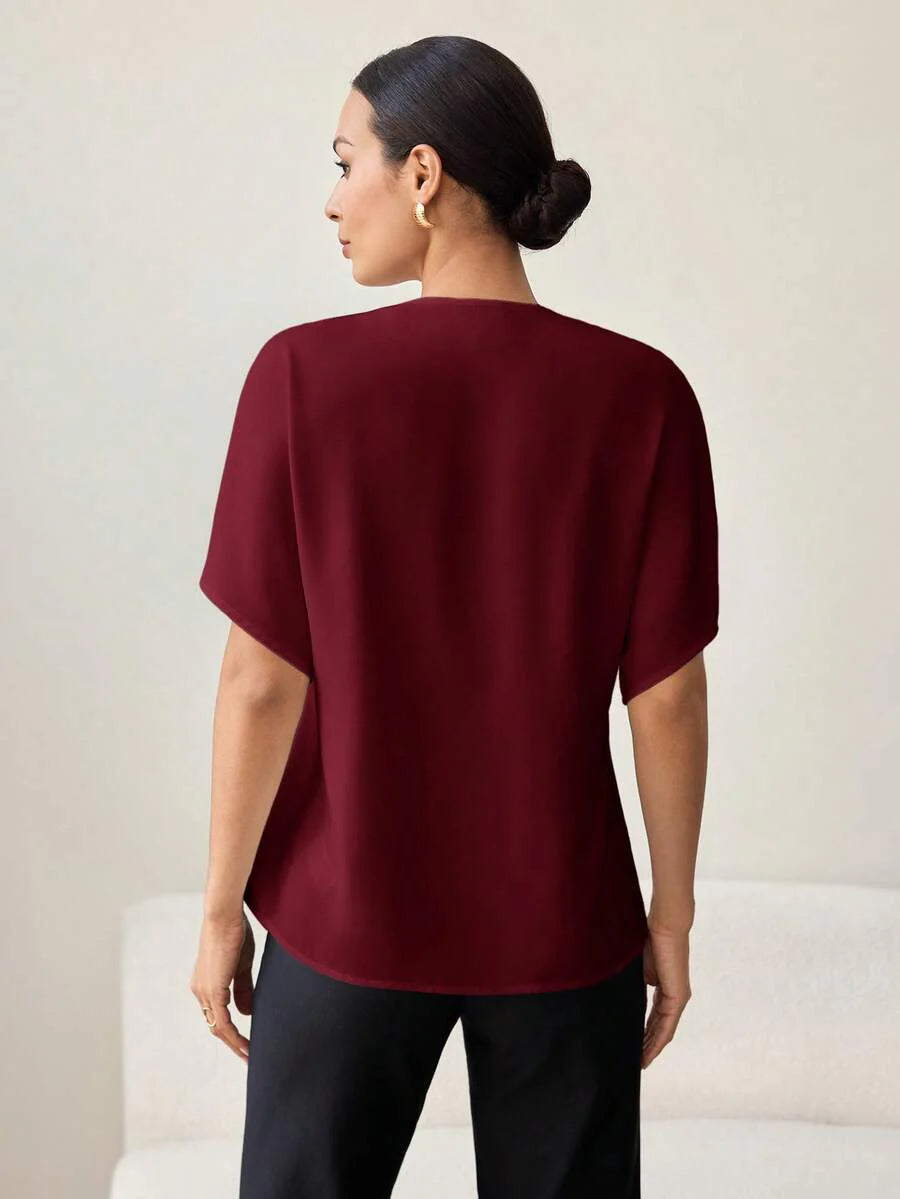 Khaki Color-Blocked Maternity Work Top with Metallic Buttons Elegant V-Neck Batwing Sleeve Commuting and Night Out Blouse