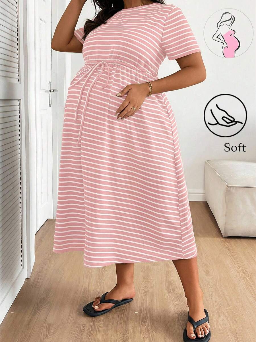 Plus Size Maternity Striped Midi Dress - Round Neck, Short Sleeve, Drawstring, High Waist, Black