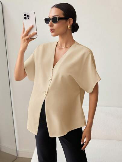 Khaki Color-Blocked Maternity Work Top with Metallic Buttons Elegant V-Neck Batwing Sleeve Commuting and Night Out Blouse