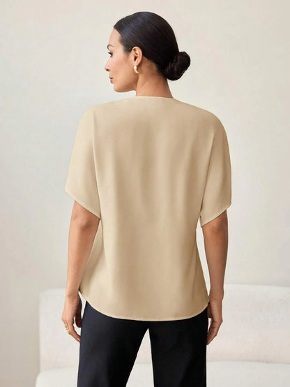 Khaki Color-Blocked Maternity Work Top with Metallic Buttons Elegant V-Neck Batwing Sleeve Commuting and Night Out Blouse