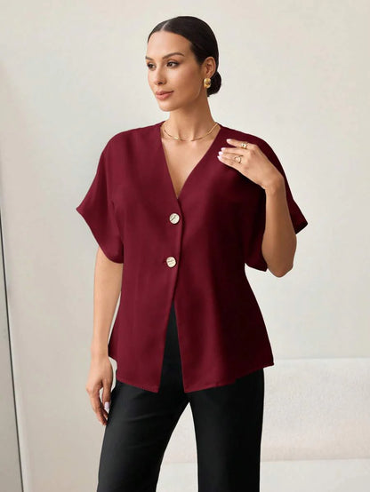 Khaki Color-Blocked Maternity Work Top with Metallic Buttons Elegant V-Neck Batwing Sleeve Commuting and Night Out Blouse