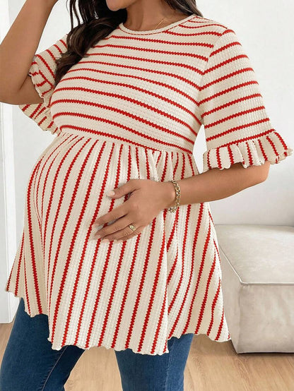 Plus Size Maternity Striped Top - Round Neck, Flounce Long Sleeve, Ruched, Loose Fit, Red and White