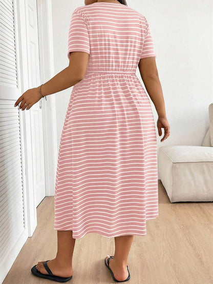 Plus Size Maternity Striped Midi Dress - Round Neck, Short Sleeve, Drawstring, High Waist, Black