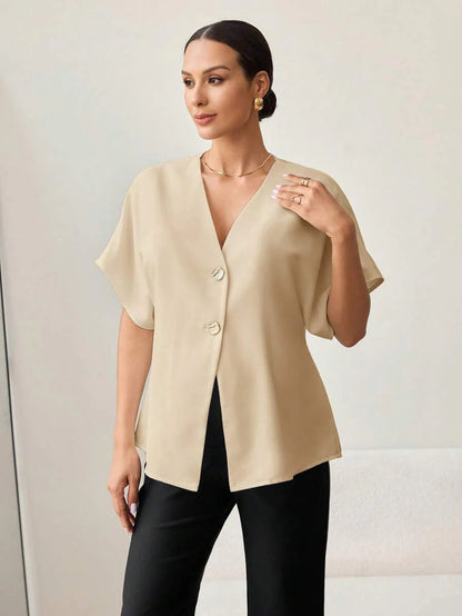 Khaki Color-Blocked Maternity Work Top with Metallic Buttons Elegant V-Neck Batwing Sleeve Commuting and Night Out Blouse