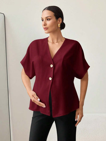 Khaki Color-Blocked Maternity Work Top with Metallic Buttons Elegant V-Neck Batwing Sleeve Commuting and Night Out Blouse