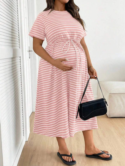 Plus Size Maternity Striped Midi Dress - Round Neck, Short Sleeve, Drawstring, High Waist, Black
