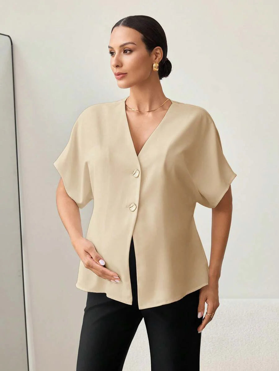 Khaki Color-Blocked Maternity Work Top with Metallic Buttons Elegant V-Neck Batwing Sleeve Commuting and Night Out Blouse