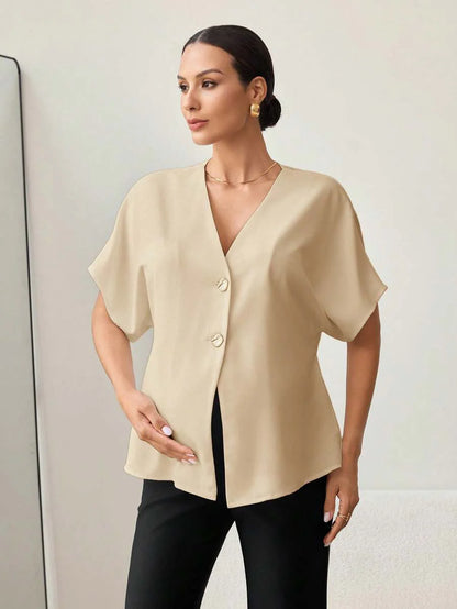 Khaki Color-Blocked Maternity Work Top with Metallic Buttons Elegant V-Neck Batwing Sleeve Commuting and Night Out Blouse