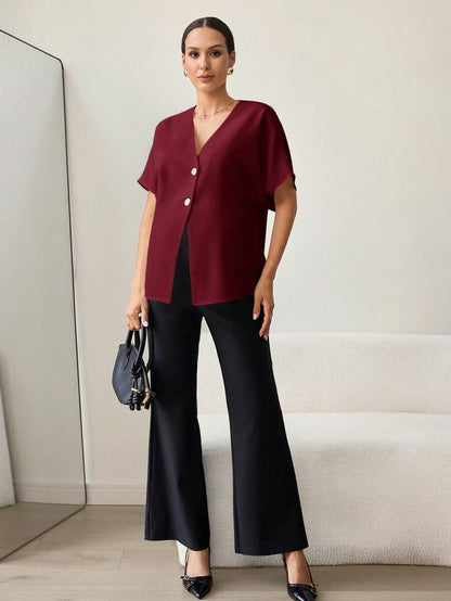 Khaki Color-Blocked Maternity Work Top with Metallic Buttons Elegant V-Neck Batwing Sleeve Commuting and Night Out Blouse