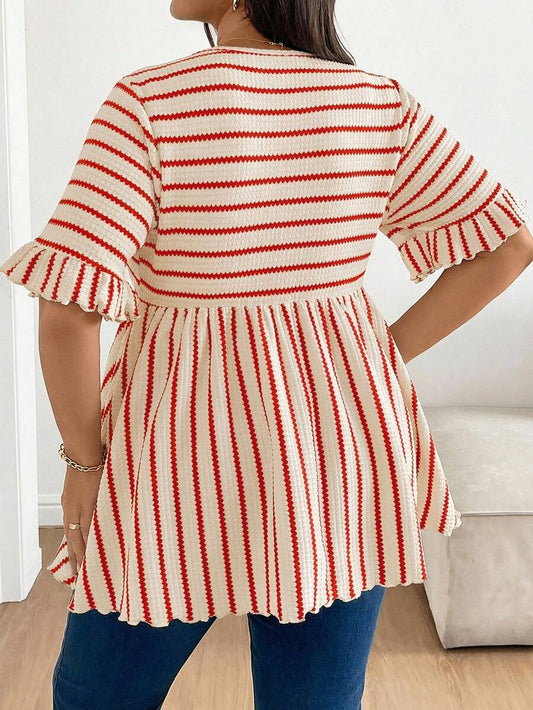 Plus Size Maternity Striped Top - Round Neck, Flounce Long Sleeve, Ruched, Loose Fit, Red and White