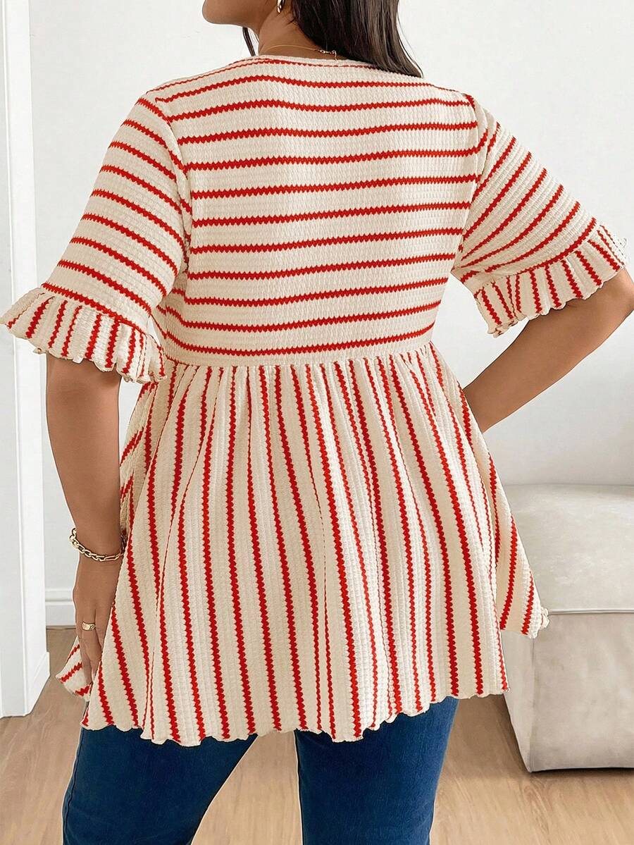 Plus Size Maternity Striped Top - Round Neck, Flounce Long Sleeve, Ruched, Loose Fit, Red and White