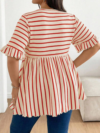 Plus Size Maternity Striped Top - Round Neck, Flounce Long Sleeve, Ruched, Loose Fit, Red and White