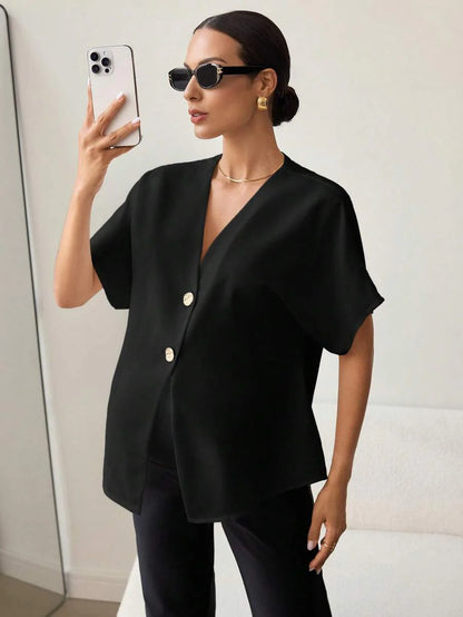 Khaki Color-Blocked Maternity Work Top with Metallic Buttons Elegant V-Neck Batwing Sleeve Commuting and Night Out Blouse