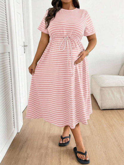 Plus Size Maternity Striped Midi Dress - Round Neck, Short Sleeve, Drawstring, High Waist, Black