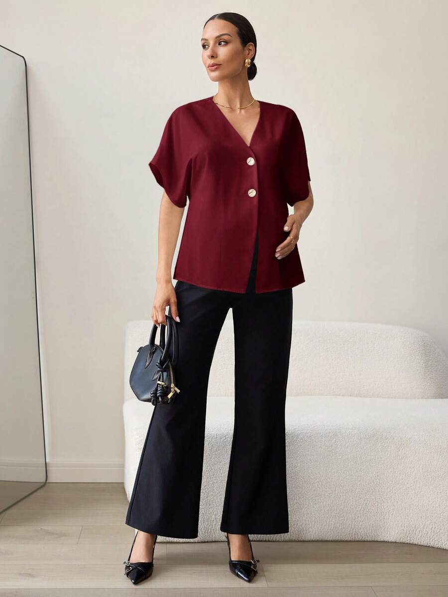 Khaki Color-Blocked Maternity Work Top with Metallic Buttons Elegant V-Neck Batwing Sleeve Commuting and Night Out Blouse