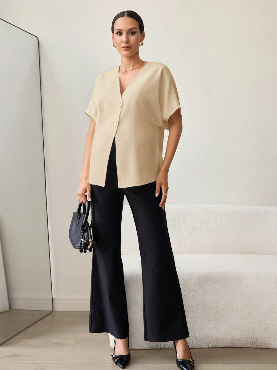 Khaki Color-Blocked Maternity Work Top with Metallic Buttons Elegant V-Neck Batwing Sleeve Commuting and Night Out Blouse