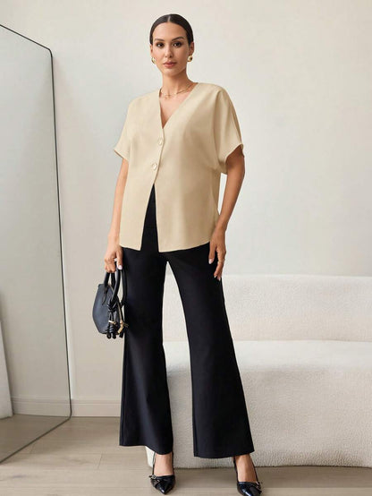 Khaki Color-Blocked Maternity Work Top with Metallic Buttons Elegant V-Neck Batwing Sleeve Commuting and Night Out Blouse