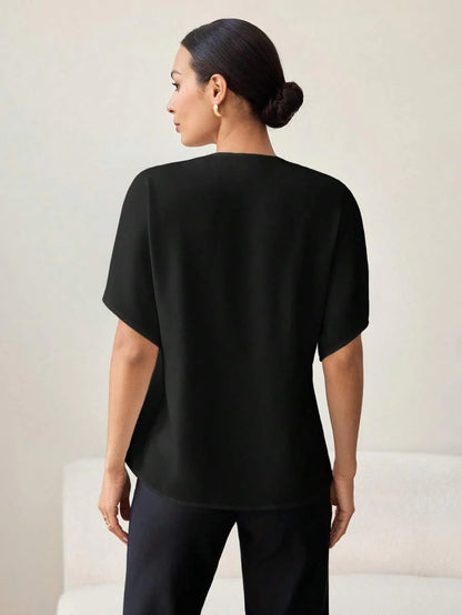 Khaki Color-Blocked Maternity Work Top with Metallic Buttons Elegant V-Neck Batwing Sleeve Commuting and Night Out Blouse