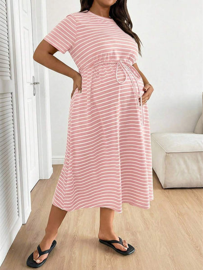 Plus Size Maternity Striped Midi Dress - Round Neck, Short Sleeve, Drawstring, High Waist, Black