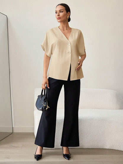 Khaki Color-Blocked Maternity Work Top with Metallic Buttons Elegant V-Neck Batwing Sleeve Commuting and Night Out Blouse