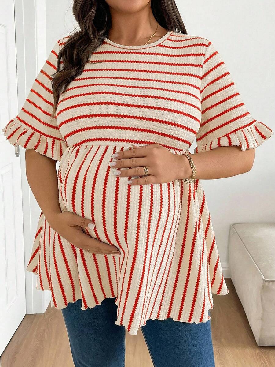 Plus Size Maternity Striped Top - Round Neck, Flounce Long Sleeve, Ruched, Loose Fit, Red and White