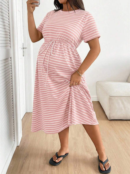 Plus Size Maternity Striped Midi Dress - Round Neck, Short Sleeve, Drawstring, High Waist, Black
