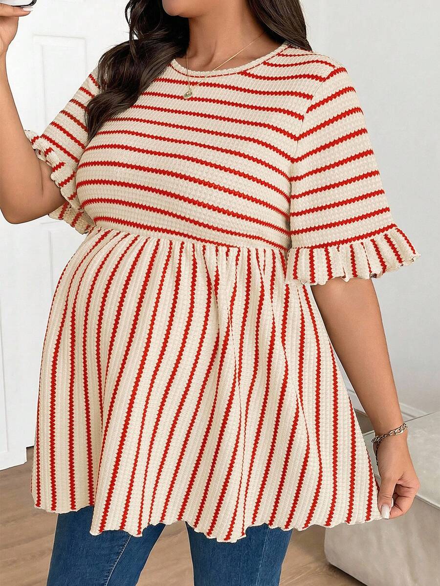 Plus Size Maternity Striped Top - Round Neck, Flounce Long Sleeve, Ruched, Loose Fit, Red and White