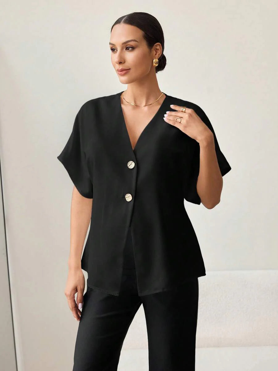 Khaki Color-Blocked Maternity Work Top with Metallic Buttons Elegant V-Neck Batwing Sleeve Commuting and Night Out Blouse