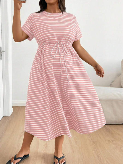 Plus Size Maternity Striped Midi Dress - Round Neck, Short Sleeve, Drawstring, High Waist, Black