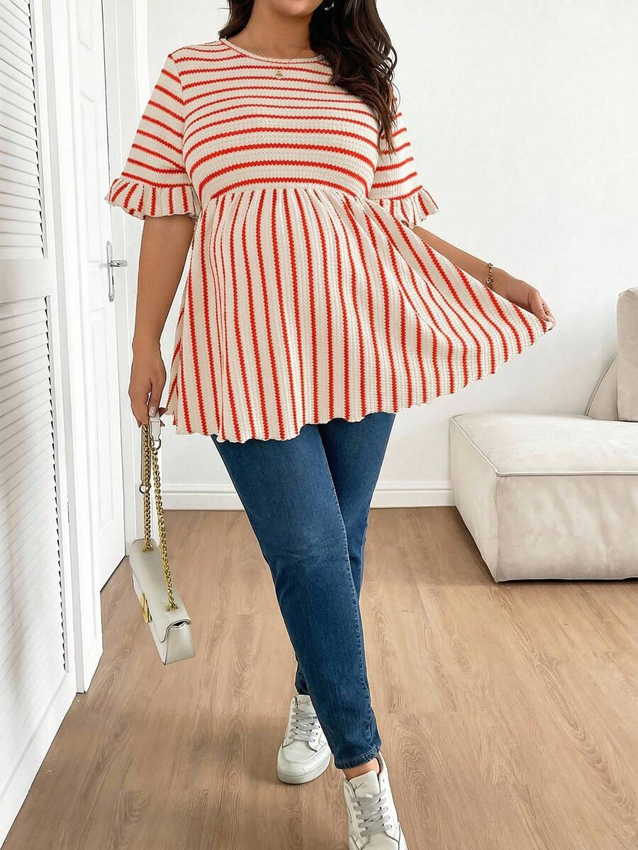 Plus Size Maternity Striped Top - Round Neck, Flounce Long Sleeve, Ruched, Loose Fit, Red and White