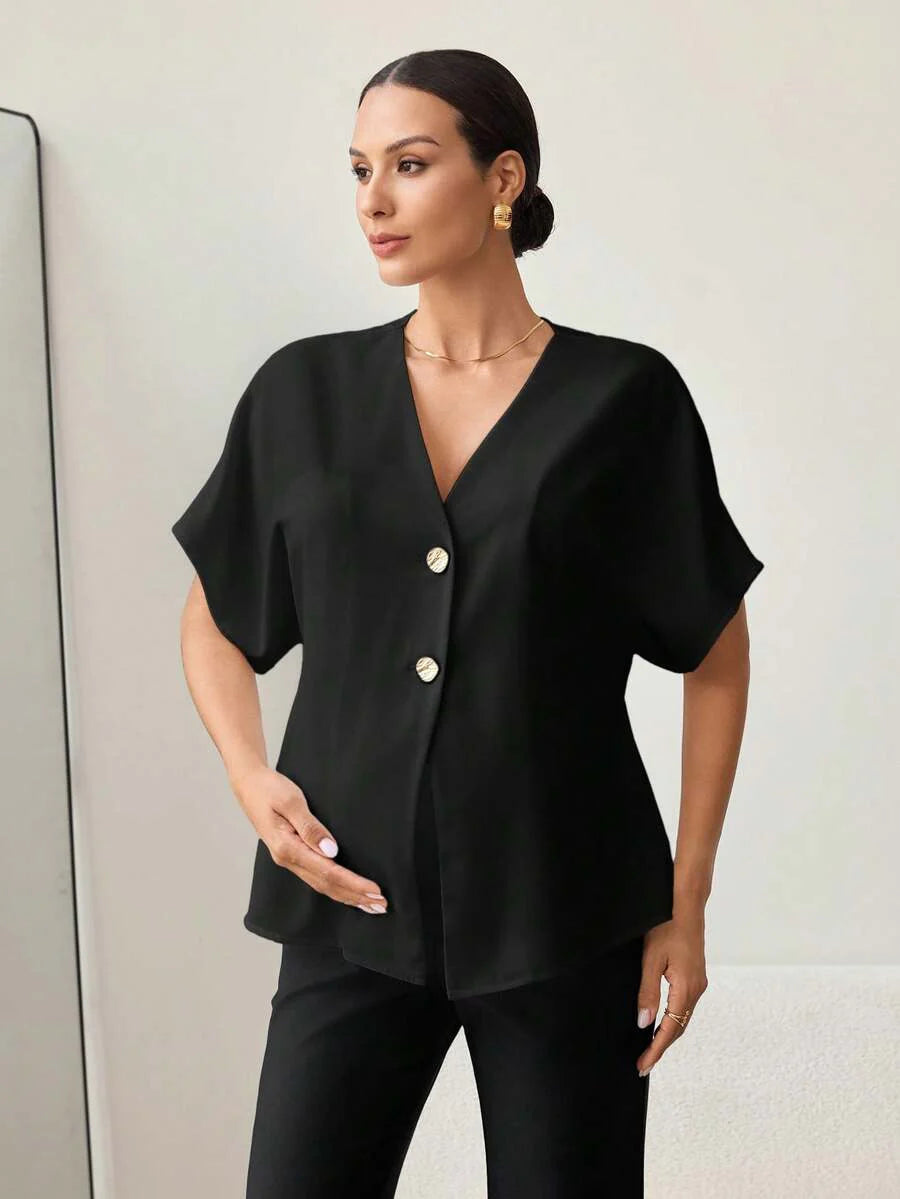 Khaki Color-Blocked Maternity Work Top with Metallic Buttons Elegant V-Neck Batwing Sleeve Commuting and Night Out Blouse
