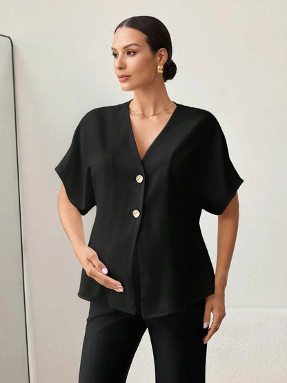 Khaki Color-Blocked Maternity Work Top with Metallic Buttons Elegant V-Neck Batwing Sleeve Commuting and Night Out Blouse