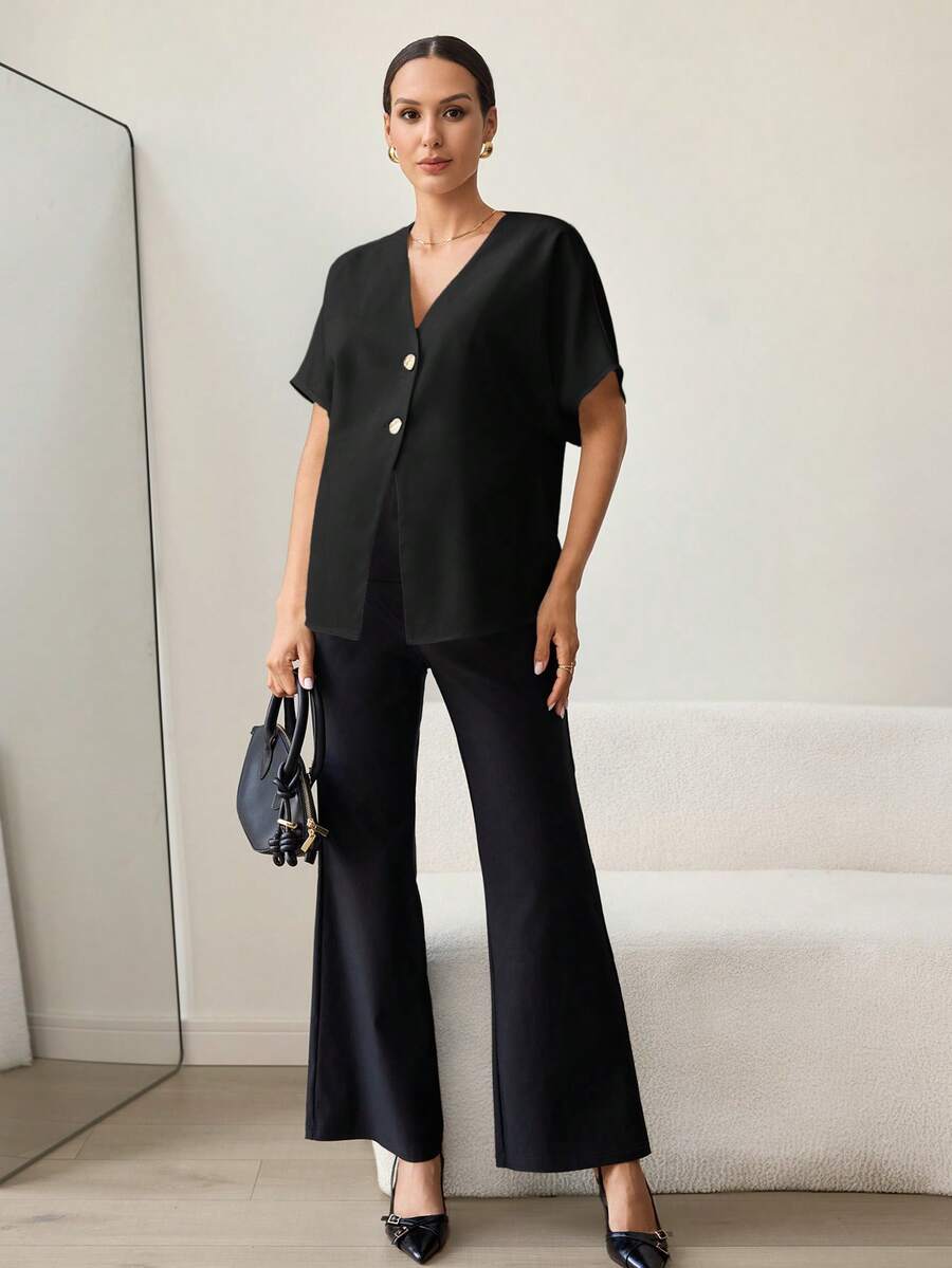 Khaki Color-Blocked Maternity Work Top with Metallic Buttons Elegant V-Neck Batwing Sleeve Commuting and Night Out Blouse