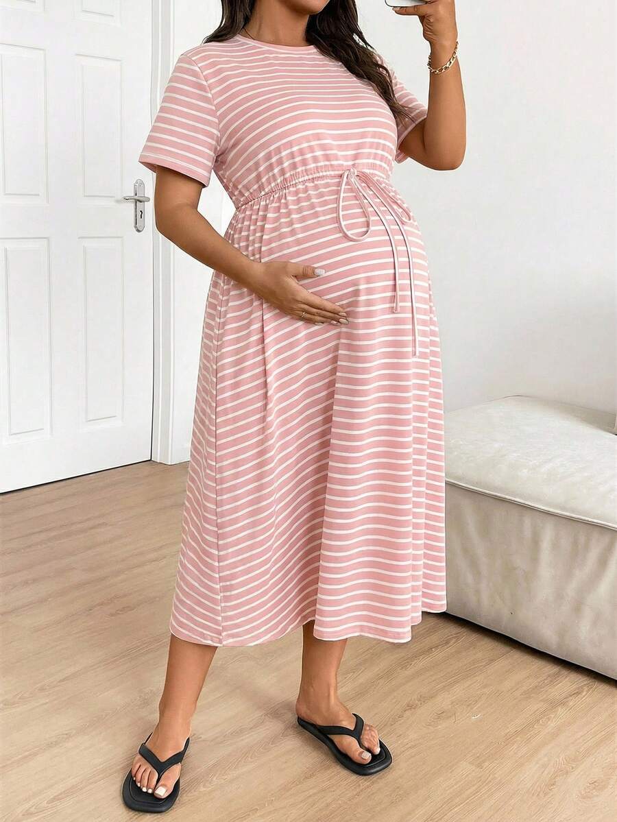 Plus Size Maternity Striped Midi Dress - Round Neck, Short Sleeve, Drawstring, High Waist, Black