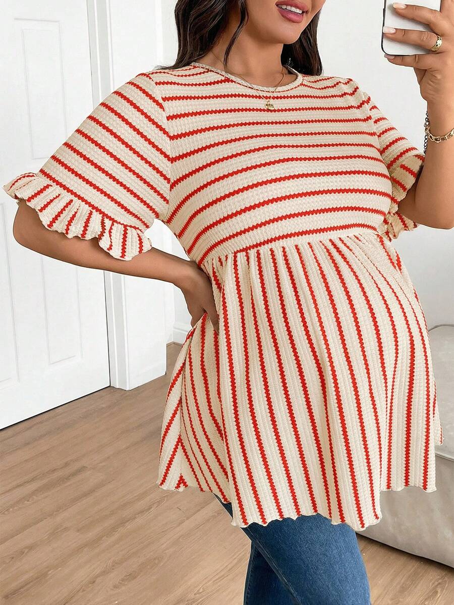 Plus Size Maternity Striped Top - Round Neck, Flounce Long Sleeve, Ruched, Loose Fit, Red and White