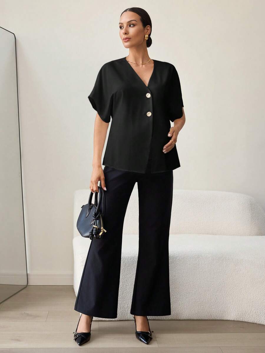 Khaki Color-Blocked Maternity Work Top with Metallic Buttons Elegant V-Neck Batwing Sleeve Commuting and Night Out Blouse