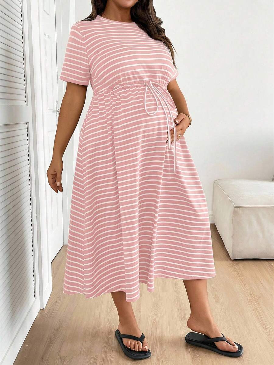 Plus Size Maternity Striped Midi Dress - Round Neck, Short Sleeve, Drawstring, High Waist, Black