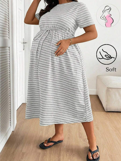 Plus Size Maternity Striped Midi Dress - Round Neck, Short Sleeve, Drawstring, High Waist, Black