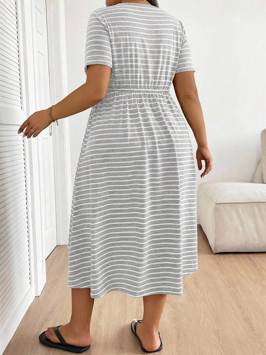 Plus Size Maternity Striped Midi Dress - Round Neck, Short Sleeve, Drawstring, High Waist, Black