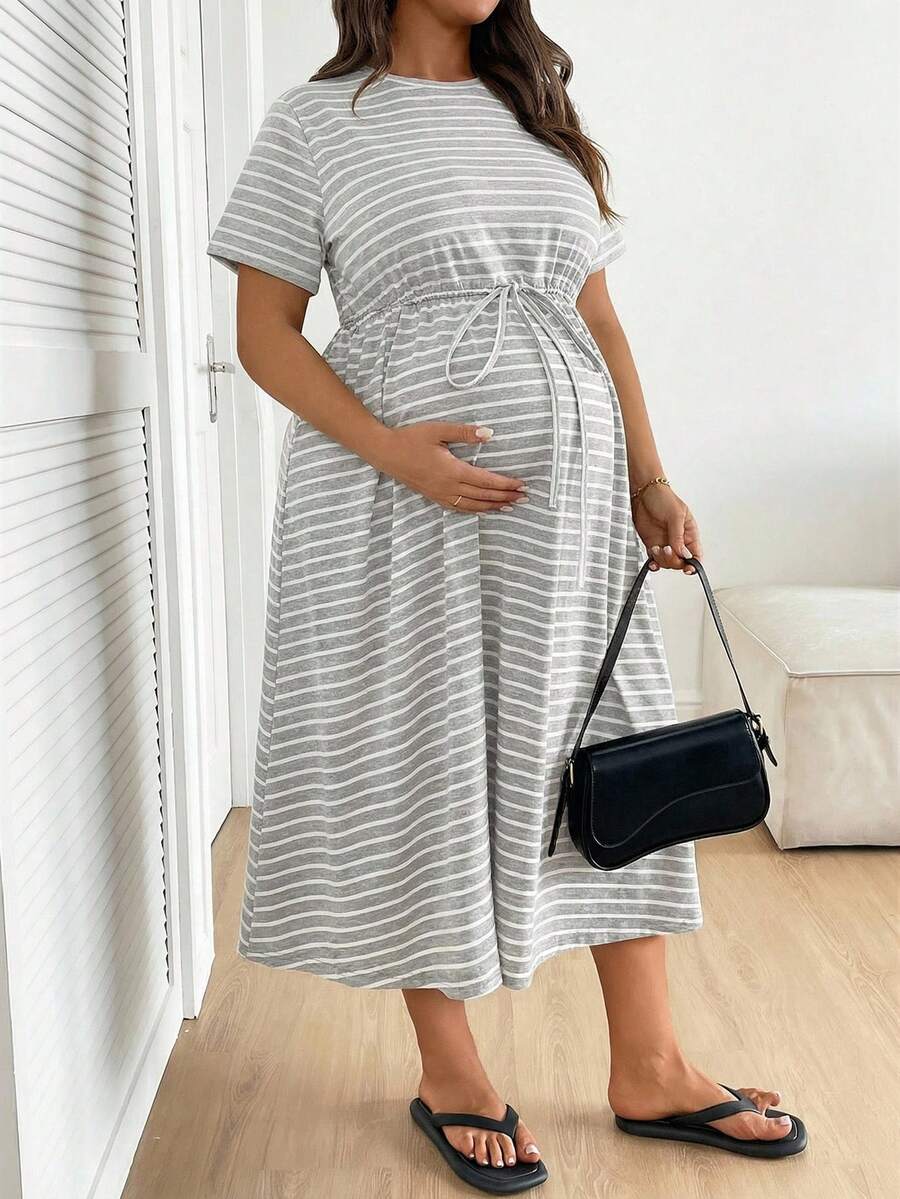Plus Size Maternity Striped Midi Dress - Round Neck, Short Sleeve, Drawstring, High Waist, Black